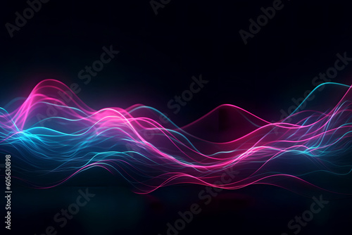 Abstract futuristic background with pink blue glowing neon moving high-speed wave lines.