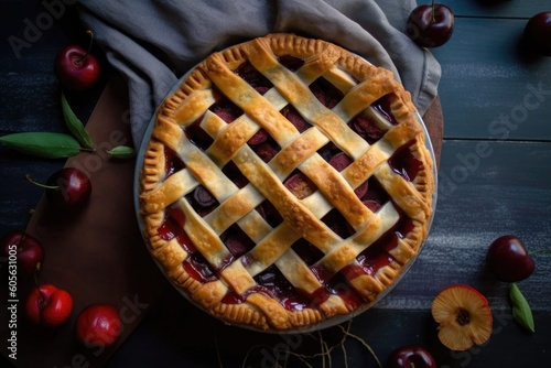 cherry pie with lattice pastry crust, ready for serving, created with generative ai