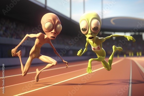 two alien athletes racing down a track, their long limbs pumping, created with generative ai © Natalia