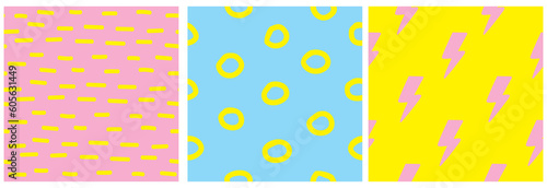 Modern Hand Drawn Irregular Geometric Vector Pattern with Yellow Circles and Striper on a Light Blue and Pastel Pink Background. Simple Abstract Doodles Vector Print. Pink Thunderbolts Endless Print.
