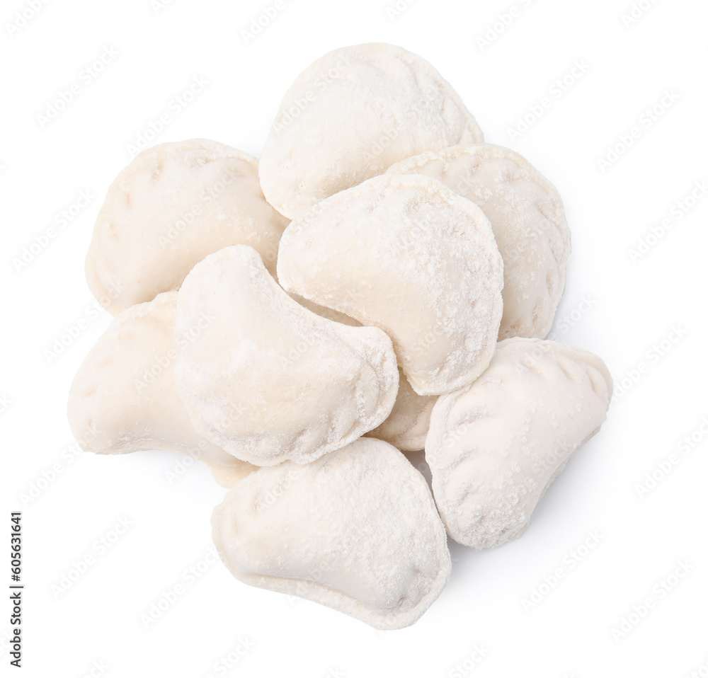 Heap of raw dumplings (varenyky) with tasty filling on white background, top view Heap of raw dumplings (varenyky) with tasty filling on white background, top view
