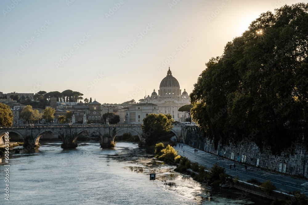 Beautiful view of the St. Peter's Basilica in Vatican City during sunset