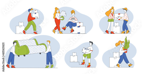 People with Cardboard Boxes and Sofa During Relocation Vector Set