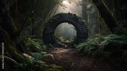 Round stone portal in the forest, an abandoned temple. Path made of stones in the forest