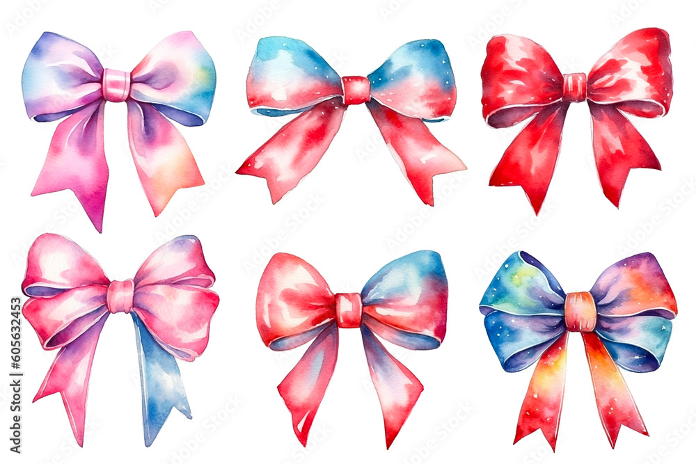 Watercolour ribbon gift bow, colourful rainbow color set isolated on white background. PNG transparent background. AI Generative.