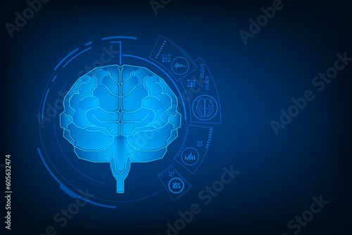 Vector analysis of brain with medical healthcare. Technology graphic of MRI scan interface.