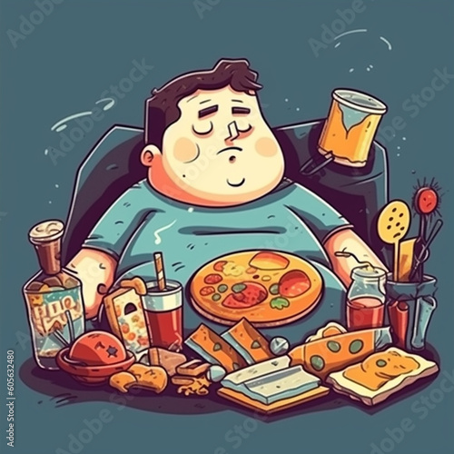 Fat overweight person among large amount of food..