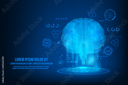 Vector analysis of brain with medical healthcare. Technology graphic of MRI scan interface. Hologram humen brain.