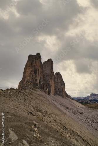 Vertical shot of the mountain range of Tre Cime di Lavaredo