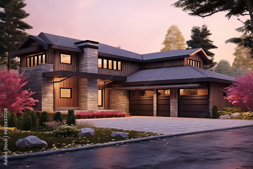 Cutting-Edge Architecture and Natural Stone Accents Define Edgy Fresh Development Property with Three-Car Garage in Pink Siding, generative AI