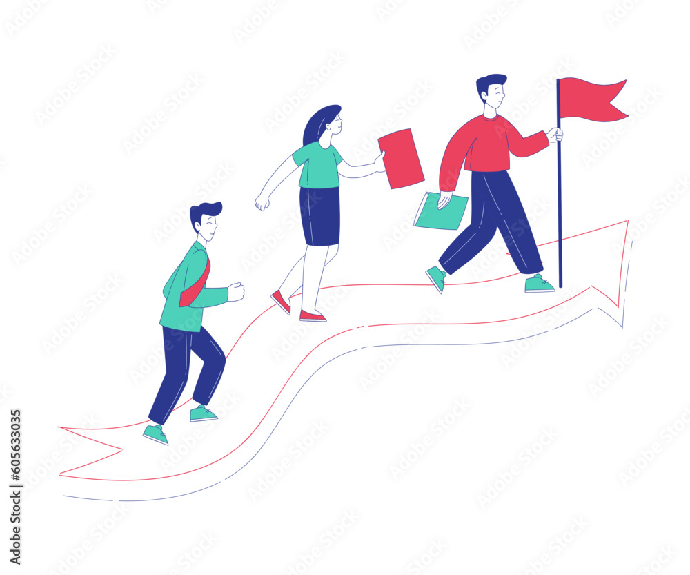 People Leader Characters Moving Forward Along Arrow Achieving Goals Vector Illustration