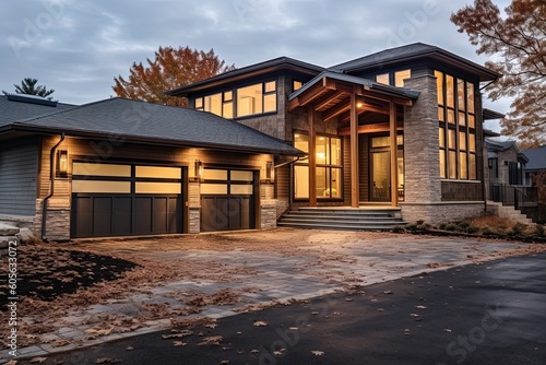 Cutting-Edge Edgy Development Property with Three-Car Garage and Natural Stone Accents, generative AI