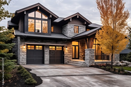 Cutting-Edge Architecture and Natural Stone Accents Highlight Edgy New Development Property with 3-Car Garage and Gray Siding, generative AI