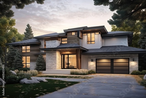 Cutting-Edge Architecture & Three-Car Garage: Discover This Edgy Fresh Development Property with White Siding & Natural Stone Accents, generative AI