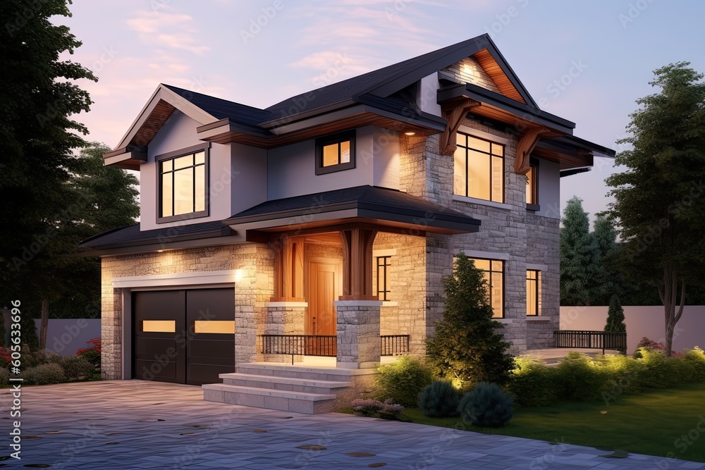 Innovative Features and Natural Stone Entrance Make Eye-Catching New Development a Must-See with Beige Siding and Single Car Garage, generative AI