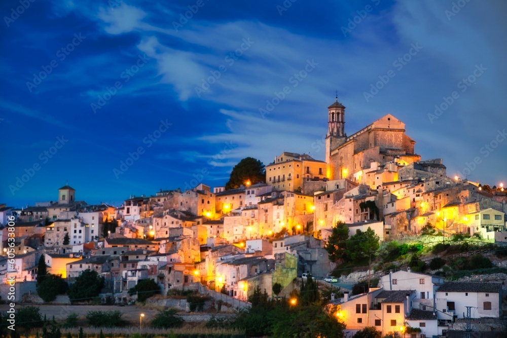View to the rural town of Cehegin, Murcia, Spain at night