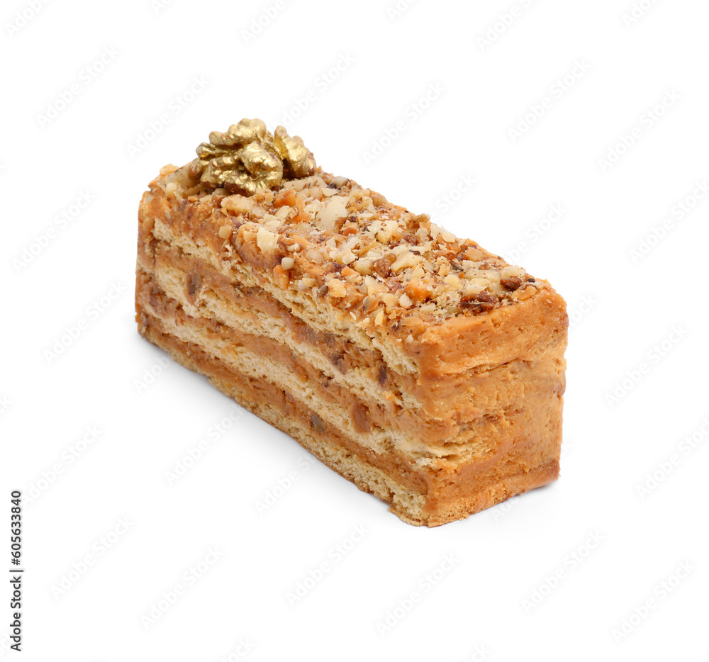 Piece of delicious layered honey cake isolated on white Piece of delicious layered honey cake isolated on white