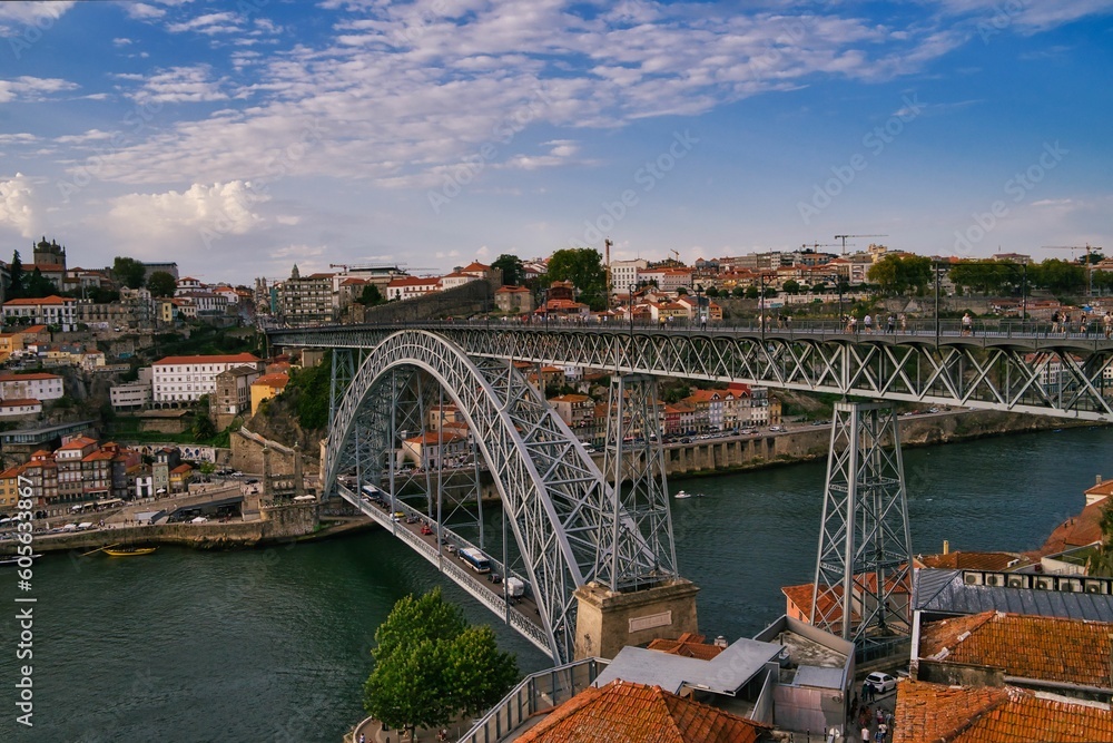 Low-angle shot of a beautiful bridge above the water in Oporto, Portugal