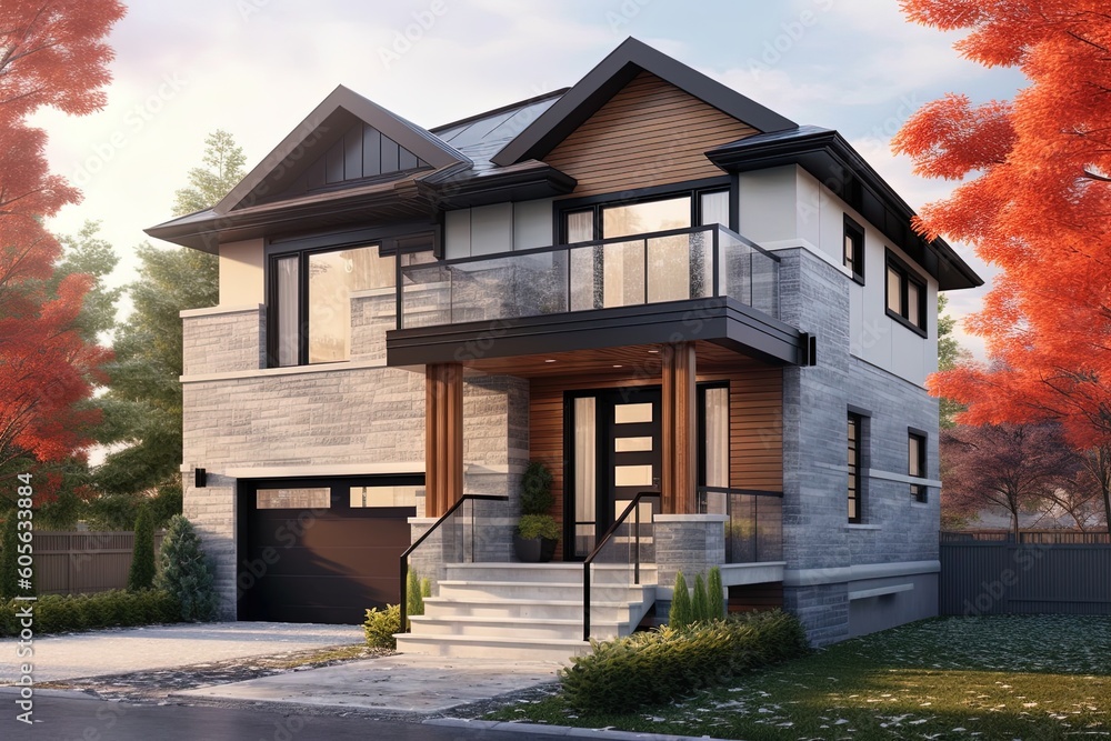 Innovative Features and Eye-Catching Design: A New Development House with a Natural Stone Entrance and Coral Siding, including a Single Car Garage, generative AI Innovative Features and Eye-Catching Design: A New Development House with a Natural Stone Entrance and Coral Siding, including a Single Car Garage, generative AI
