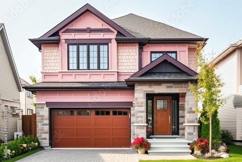 Innovative New Development House with Pink Siding and Natural Stone Entrance, Featuring Single Car Garage, generative AI
