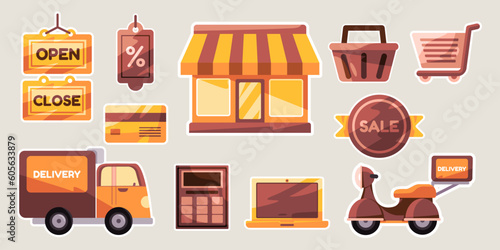 ecommerce buy sell store delivery cartoon set sticker doodle collection bundle