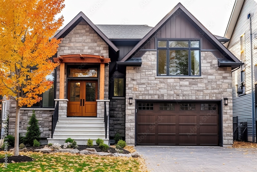 Innovative and Eye-Catching New Development House with Natural Stone Entrance, Single Car Garage, and Brown Siding, generative AI Innovative and Eye-Catching New Development House with Natural Stone Entrance, Single Car Garage, and Brown Siding, generative AI