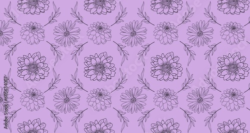 Seamless pattern of flowers and leaves against a purple background