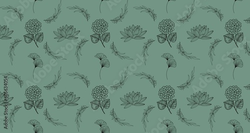 Seamless pattern of flowers and leaves against a green background