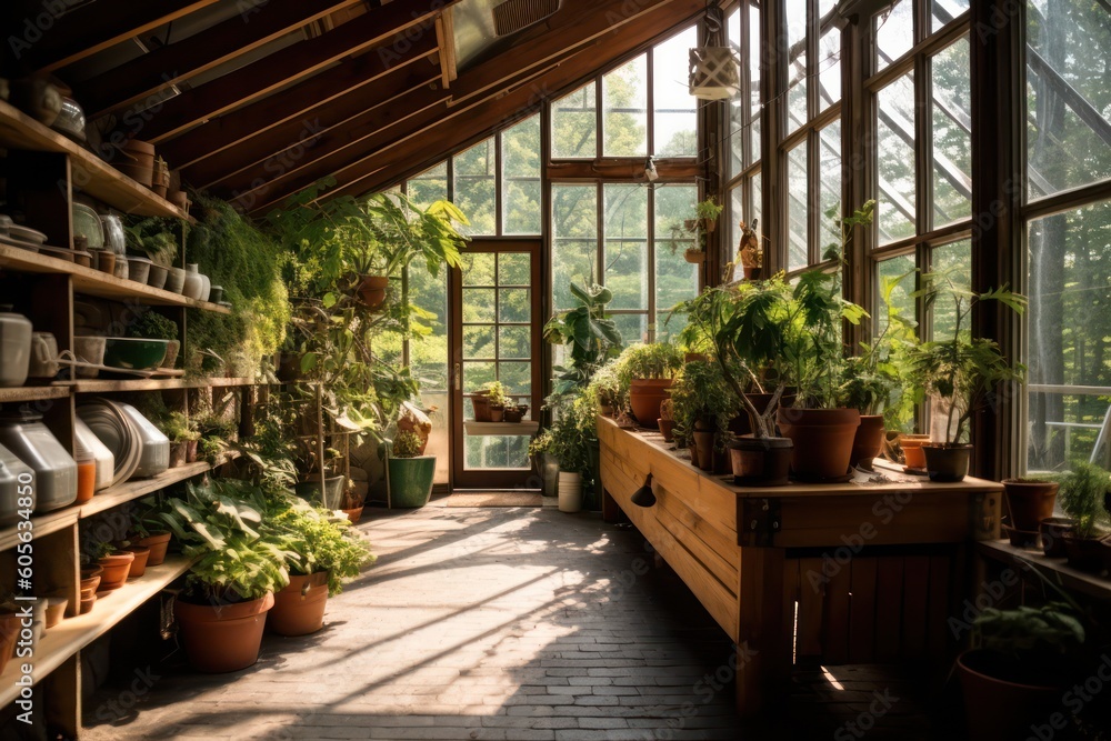  flowers in a closed glass greenhouse using technology. farming and production Generative AI