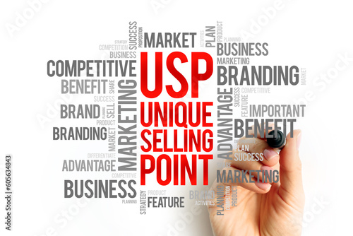 USP - Unique Selling Point word cloud, business concept background photo