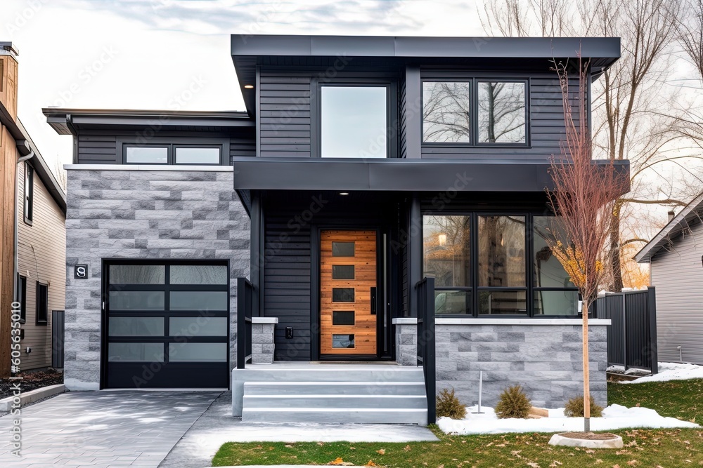 Innovative Features and Eye-Catching Details in a New Home with a Dark Gray Siding and Natural Stone Entrance and Single Car Garage, generative AI