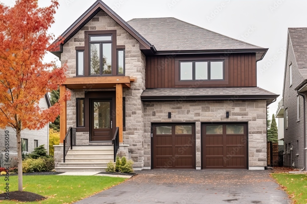 New Single-Car Garage Home with Brown Siding and Natural Stone Entrance: Discover Innovative Features, generative AI