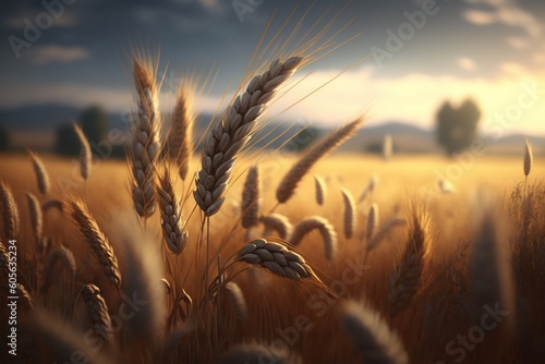Backlit wheat grains in a wheat meadow on a sunny day. Created using Generative AI photo