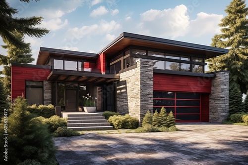 Red Siding and Natural Stone Details Accentuate a Fashionable and Sleek Architectural Style with a Two-Car Garage, generative AI photo