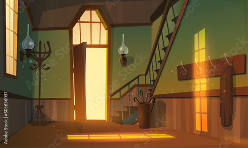 Vector cartoon style illustration. House enstance with sun light and stairs. Hallway, living room interior. 