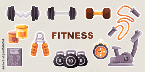 workout training fitness gym body building heavy lifting equipment object collection set illustration sticker style such as barbell and kettle ball
