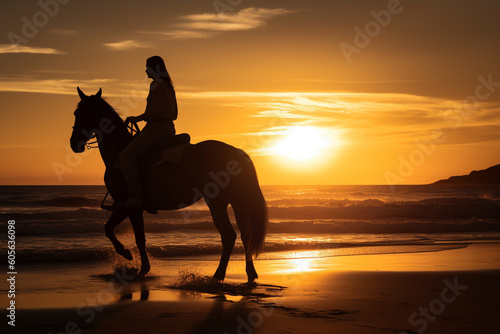 Silhouette of woman riding on horse at beach during sunset. Generative AI illustration © Firn
