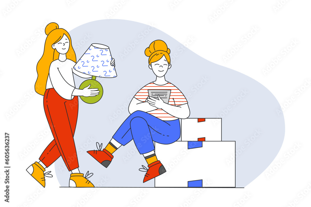 Woman Packing Things in Cardboard Box During Relocation Vector Illustration