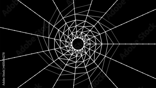 Curved abstract portal. Spider web. Wireframe tunnel. 3D vector wormhole with a mesh structure. Vortex. Vector perspective grid.