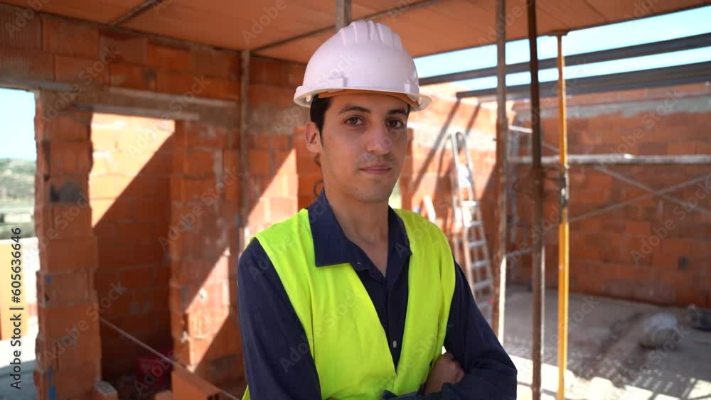 Portrait of an Arab male worker inside a construction site. With arms crossed. Wearing a high visibility vest and a white safety helmet. Concept of labor immigration. Portrait of an Arab male worker inside a construction site. With arms crossed. Wearing a high visibility vest and a white safety helmet. Concept of labor immigration.