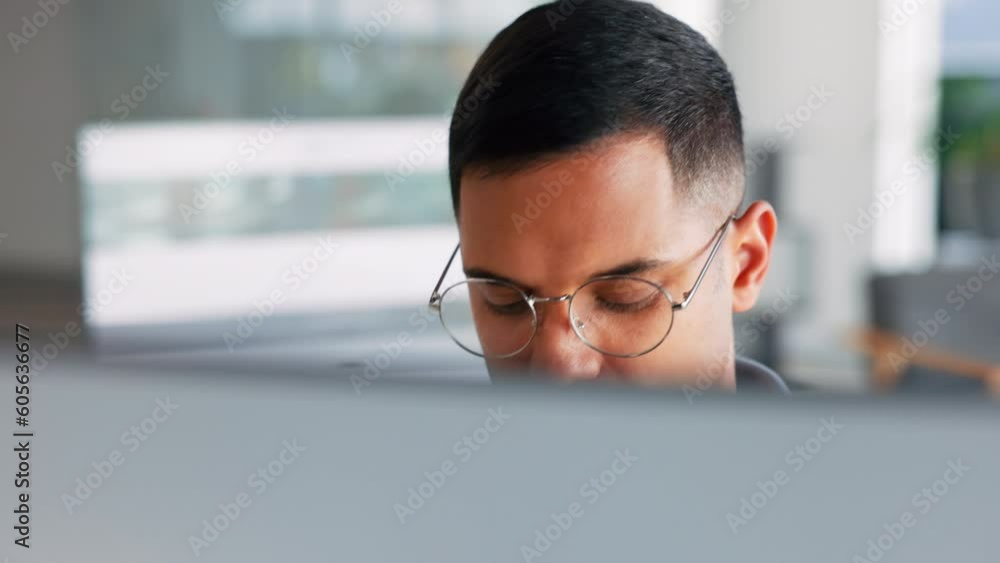 Focus, computer reading and business man working on a seo and web proposal for tech. Office work, startup and businessman thinking with digital data and planning a copywriting strategy with glasses Focus, computer reading and business man working on a seo and web proposal for tech. Office work, startup and businessman thinking with digital data and planning a copywriting strategy with glasses