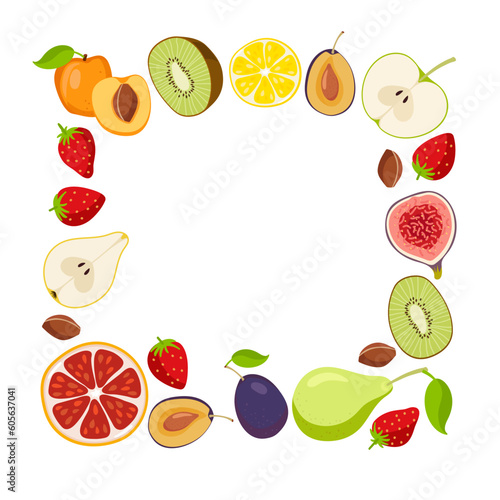 Fototapeta Naklejka Na Ścianę i Meble -  Fruits frame. Square fruit border. Square isolated frame with copy space. Summer background For poster, banner, cover, invitation, packaging design, branding. Summer Fresh healthy fruits and berries.