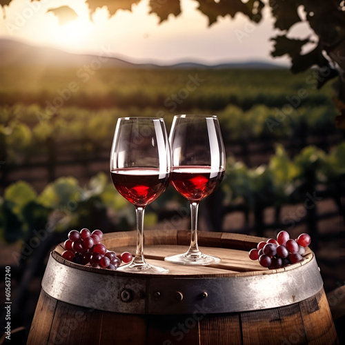 Two glasses of red wine on a wooden barrel, against the backdrop of vineyards.