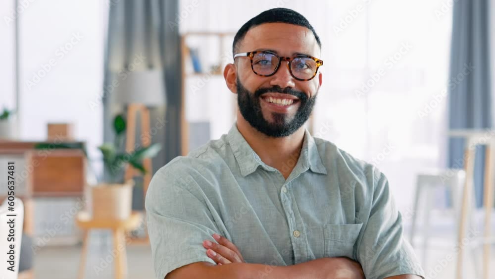 Face, arms crossed and happy business man in office smile, excited and empowered with positive mindset. Portrait, confidence and proud male leader with vision, ambition and mission focus at a desk Face, arms crossed and happy business man in office smile, excited and empowered with positive mindset. Portrait, confidence and proud male leader with vision, ambition and mission focus at a desk