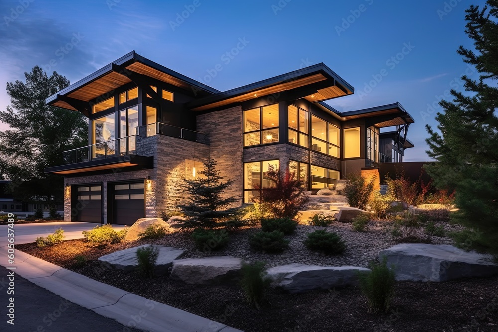 Contemporary Design: Futuristic Property with Natural Stone Accents and Three-Car Garage Wrapped in Dark Gray Siding, generative AI