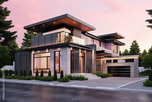 Contemporary Design Property with Three-Car Garage, Natural Stone Accents, and Eye-Catching Pink Siding, generative AI © Michael