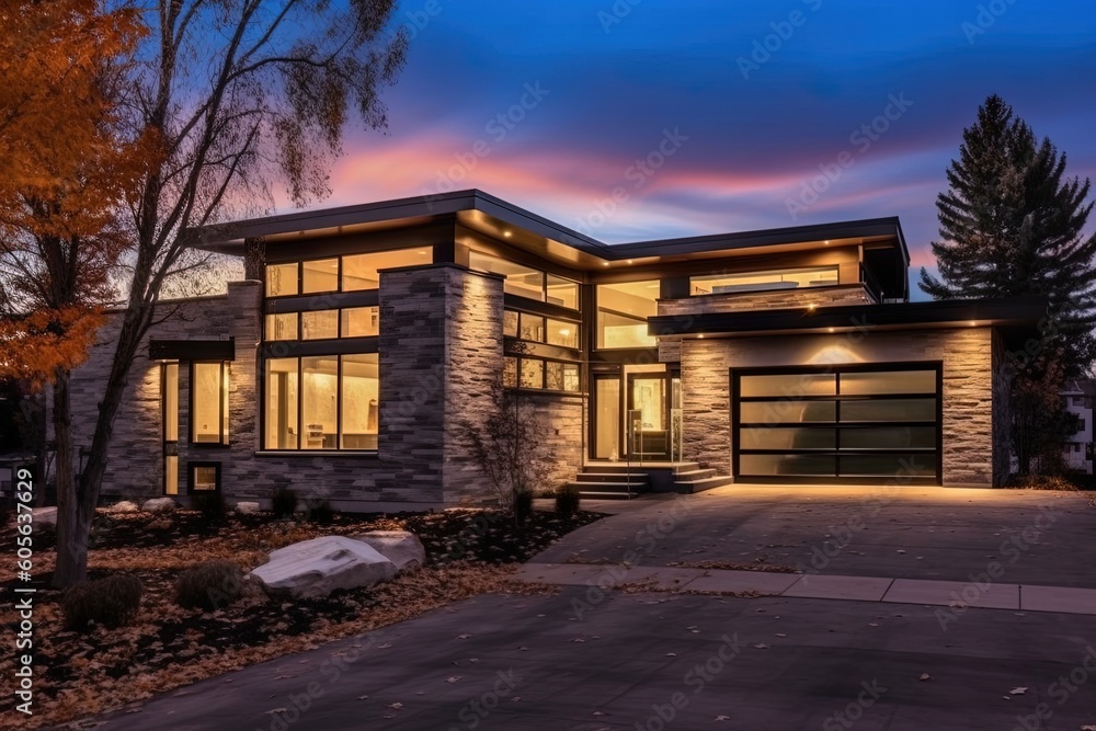 Contemporary Design Dream Home with Three-Car Garage, Gray Siding, and Natural Stone Accents, generative AI
