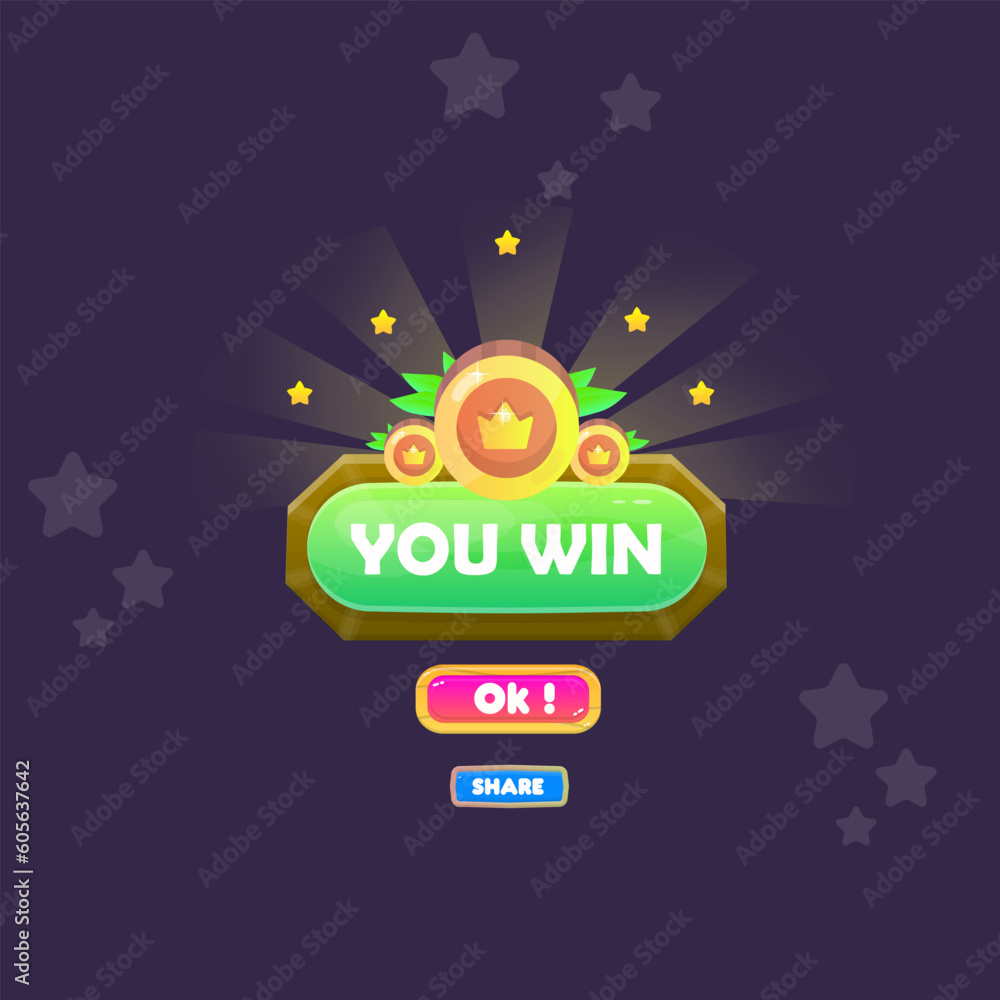 You Win Game UI Badge Pop Up Icon Reward Prize Premium Coins Stars Wooden Button Magic Shine Buttons Cartoon Cute Vector Design You Win Game UI Badge Pop Up Icon Reward Prize Premium Coins Stars Wooden Button Magic Shine Buttons Cartoon Cute Vector Design