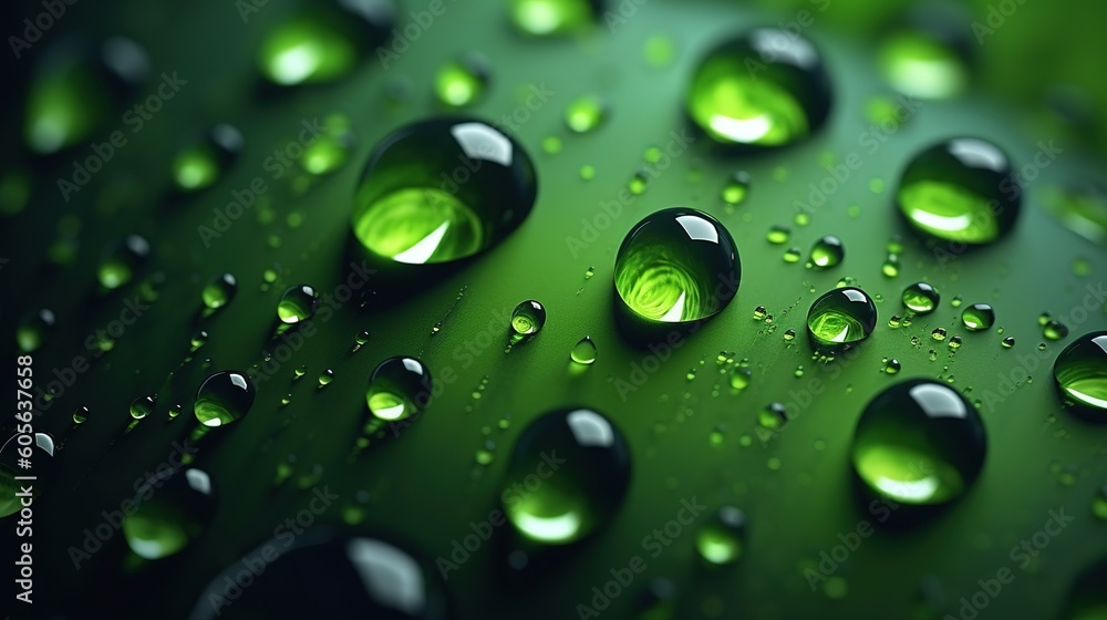 Beautiful drops morning dew in nature. Drops of clean transparent water on leaves. Image in green tones. Natural background. Generative AI. Illustration for banner, poster, cover or presentation.