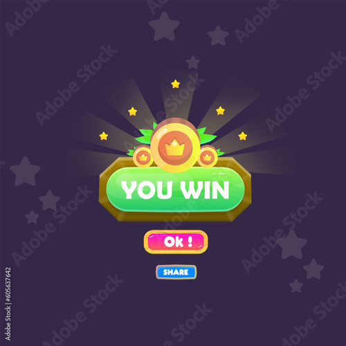 You Win Game UI Badge Pop Up Icon Reward Prize Premium Coins Stars Wooden Button Magic Shine Buttons Cartoon Cute Vector Design